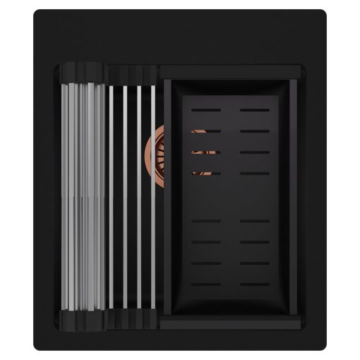 HD Infinity Black 43 egymedencés gránit mosogatótálca szett, acél csepegtetőráccsal és matt fekete kosárral, matt fekete színben, szálcsiszolt réz leeresztő szifonnal