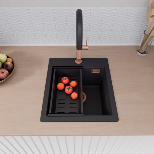 HD Infinity Black 43 egymedencés gránit mosogatótálca szett, acél csepegtetőráccsal és matt fekete kosárral, matt fekete színben, szálcsiszolt réz leeresztő szifonnal