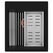 HD Infinity Black 43 egymedencés gránit mosogatótálca szett, acél csepegtetőráccsal és kosárral, matt fekete színben, szálcsiszolt réz leeresztő szifonnal