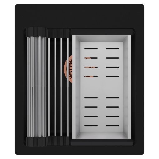 HD Infinity Black 43 egymedencés gránit mosogatótálca szett, acél csepegtetőráccsal és kosárral, matt fekete színben, szálcsiszolt réz leeresztő szifonnal