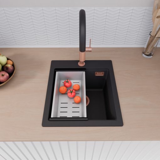 HD Infinity Black 43 egymedencés gránit mosogatótálca szett, vágódeszkával, matt fekete csepegtetőráccsal és krómozott kosárral, matt fekete színben, szálcsiszolt réz leeresztő szifonnal