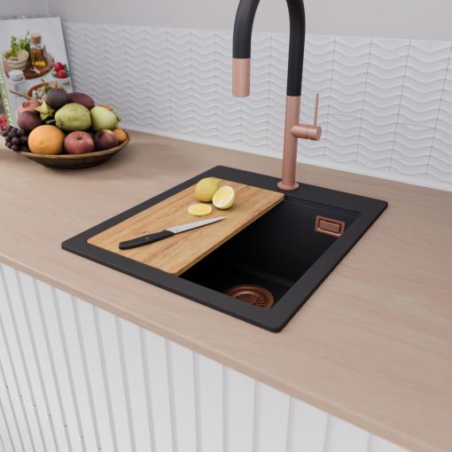 HD Infinity Black 43 egymedencés gránit mosogatótálca szett, vágódeszkával, matt fekete csepegtetőráccsal, matt fekete színben, szálcsiszolt réz leeresztő szifonnal