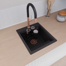 HD Infinity Black 43 egymedencés gránit mosogatótálca szett, vágódeszkával, matt fekete csepegtetőráccsal, matt fekete színben, szálcsiszolt réz leeresztő szifonnal