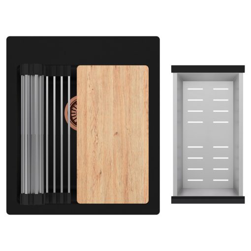 HD Infinity Black 43 egymedencés gránit mosogatótálca szett, vágódeszkával, acél csepegtetőráccsal és kosárral, matt fekete színben, szálcsiszolt réz leeresztő szifonnal