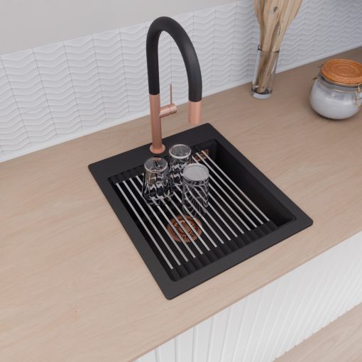 HD Infinity Black 43 egymedencés gránit mosogatótálca szett, vágódeszkával, acél csepegtetőráccsal és kosárral, matt fekete színben, szálcsiszolt réz leeresztő szifonnal