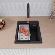 HD Infinity Black 43 egymedencés gránit mosogatótálca szett, vágódeszkával, acél csepegtetőráccsal és kosárral, matt fekete színben, szálcsiszolt réz leeresztő szifonnal