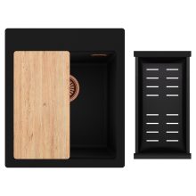 HD Infinity Black 43 egymedencés gránit mosogatótálca szett, vágódeszkával, matt fekete csepegtetőkosárral, matt fekete színben, szálcsiszolt réz leeresztő szifonnal