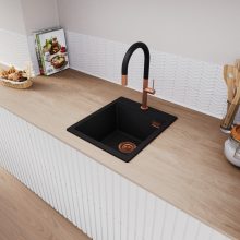 HD Infinity Black 43 egymedencés gránit mosogatótálca, vágódeszkával, matt fekete színben, szálcsiszolt réz leeresztő szifonnal