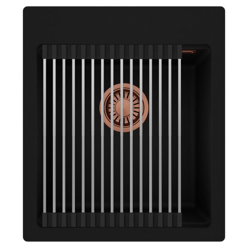 HD Infinity Black 43 egymedencés gránit mosogatótálca szett, acél csepegtetőráccsal, matt fekete színben, szálcsiszolt réz leeresztő szifonnal