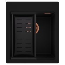 HD Infinity Black 43 egymedencés gránit mosogatótálca szett, matt fekete csepegtetőkosárral, matt fekete színben, szálcsiszolt réz leeresztő szifonnal