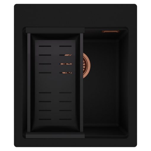 HD Infinity Black 43 egymedencés gránit mosogatótálca szett, matt fekete csepegtetőkosárral, matt fekete színben, szálcsiszolt réz leeresztő szifonnal