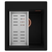 HD Infinity Black 43 egymedencés gránit mosogatótálca szett, acél csepegtetőkosárral, matt fekete színben, szálcsiszolt réz leeresztő szifonnal