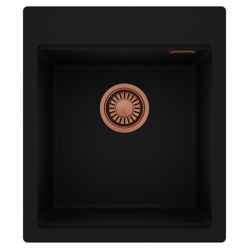 HD Infinity Black 43 egymedencés gránit mosogatótálca, matt fekete színben, szálcsiszolt réz leeresztő szifonnal