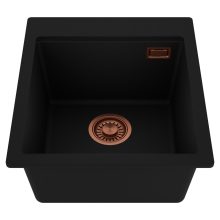 HD Infinity Black 43 egymedencés gránit mosogatótálca, matt fekete színben, szálcsiszolt réz leeresztő szifonnal