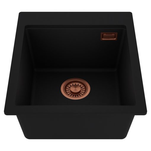 HD Infinity Black 43 egymedencés gránit mosogatótálca, matt fekete színben, szálcsiszolt réz leeresztő szifonnal
