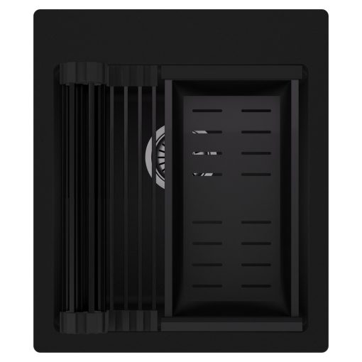 HD Infinity Black 43 egymedencés gránit mosogatótálca szett, matt fekete csepegtetőráccsal és kosárral, matt fekete színben