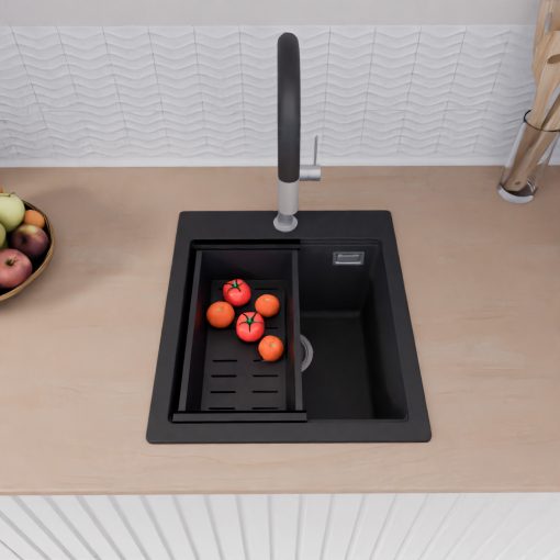 HD Infinity Black 43 egymedencés gránit mosogatótálca szett, matt fekete csepegtetőráccsal és kosárral, matt fekete színben