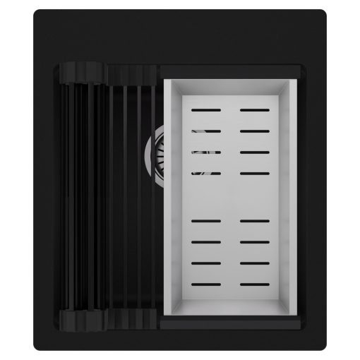 HD Infinity Black 43 egymedencés gránit mosogatótálca szett, matt fekete csepegtetőráccsal és krómozott kosárral, matt fekete színben