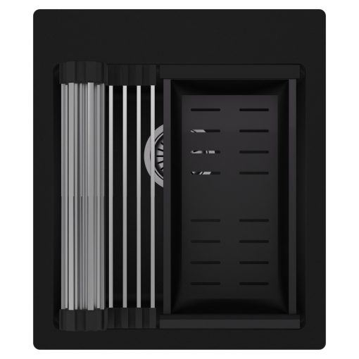 HD Infinity Black 43 egymedencés gránit mosogatótálca szett, acél csepegtetőráccsal és matt fekete kosárral, matt fekete színben