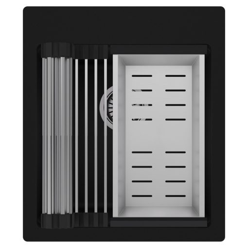 HD Infinity Black 43 egymedencés gránit mosogatótálca szett, acél csepegtetőráccsal és kosárral, matt fekete színben