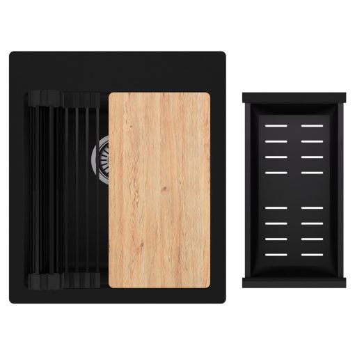 HD Infinity Black 43 egymedencés gránit mosogatótálca szett, vágódeszkával, matt fekete csepegtetőráccsal és kosárral, matt fekete színben