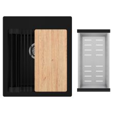 HD Infinity Black 43 egymedencés gránit mosogatótálca szett, vágódeszkával, matt fekete csepegtetőráccsal és krómozott kosárral, matt fekete színben