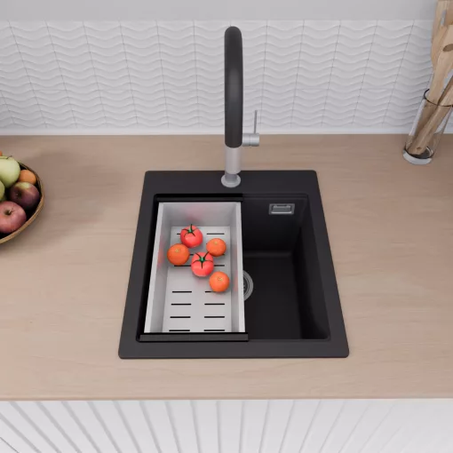 HD Infinity Black 43 egymedencés gránit mosogatótálca szett, vágódeszkával, acél csepegtetőráccsal és kosárral, matt fekete színben