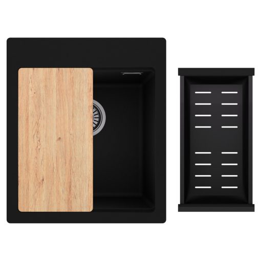 HD Infinity Black 43 egymedencés gránit mosogatótálca szett, vágódeszkával, matt fekete csepegtetőkosárral, matt fekete színben
