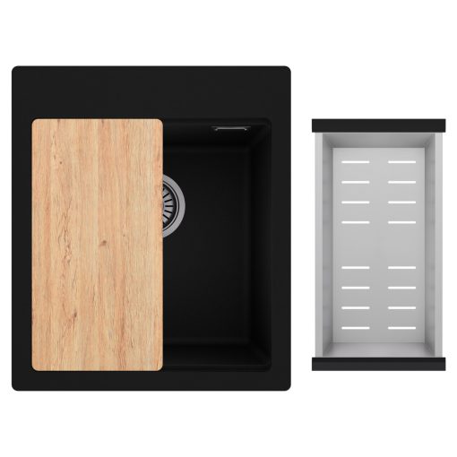 HD Infinity Black 43 egymedencés gránit mosogatótálca szett, vágódeszkával, acél csepegtetőkosárral, matt fekete színben