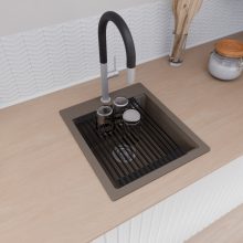 HD Infinity Tortora 43 egymedencés gránit mosogatótálca szett, matt fekete csepegtetőráccsal és kosárral, tortora színben, szálcsiszolt króm leeresztő szifonnal