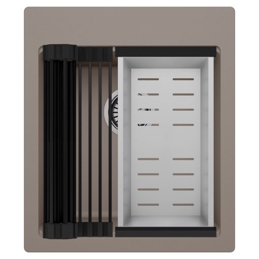 HD Infinity Tortora 43 egymedencés gránit mosogatótálca szett, matt fekete csepegtetőráccsal és krómozott kosárral, tortora színben, szálcsiszolt króm leeresztő szifonnal