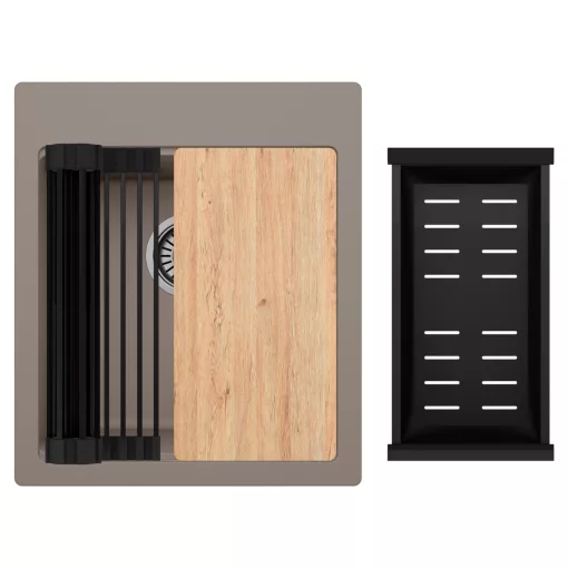 HD Infinity Tortora 43 egymedencés gránit mosogatótálca szett, vágódeszkával, matt fekete csepegtetőráccsal és kosárral, tortora színben, szálcsiszolt króm leeresztő szifonnal