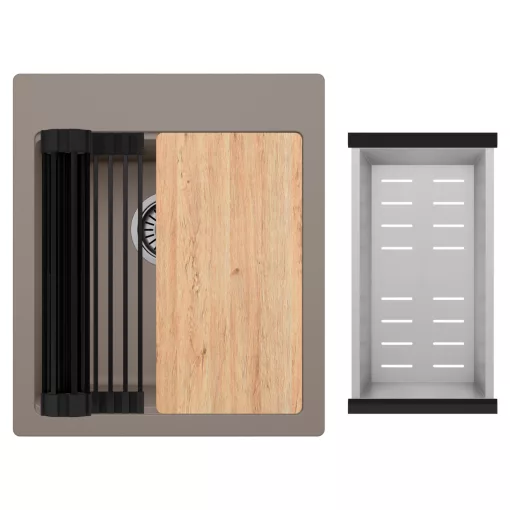 HD Infinity Tortora 43 egymedencés gránit mosogatótálca szett, vágódeszkával, matt fekete csepegtetőráccsal és krómozott kosárral, tortora színben, szálcsiszolt króm leeresztő szifonnal