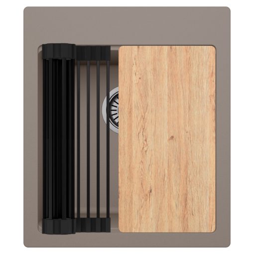 HD Infinity Tortora 43 egymedencés gránit mosogatótálca szett, vágódeszkával, matt fekete csepegtetőráccsal, tortora színben, szálcsiszolt króm leeresztő szifonnal