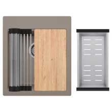 HD Infinity Tortora 43 egymedencés gránit mosogatótálca szett, vágódeszkával, acél csepegtetőráccsal és kosárral, tortora színben, szálcsiszolt króm leeresztő szifonnal