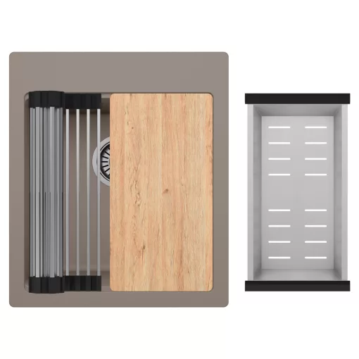 HD Infinity Tortora 43 egymedencés gránit mosogatótálca szett, vágódeszkával, acél csepegtetőráccsal és kosárral, tortora színben, szálcsiszolt króm leeresztő szifonnal