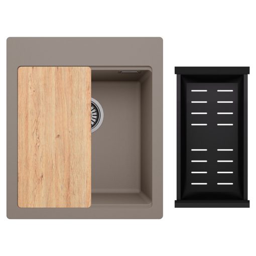 HD Infinity Tortora 43 egymedencés gránit mosogatótálca szett, vágódeszkával, matt fekete csepegtetőkosárral, tortora színben, szálcsiszolt króm leeresztő szifonnal