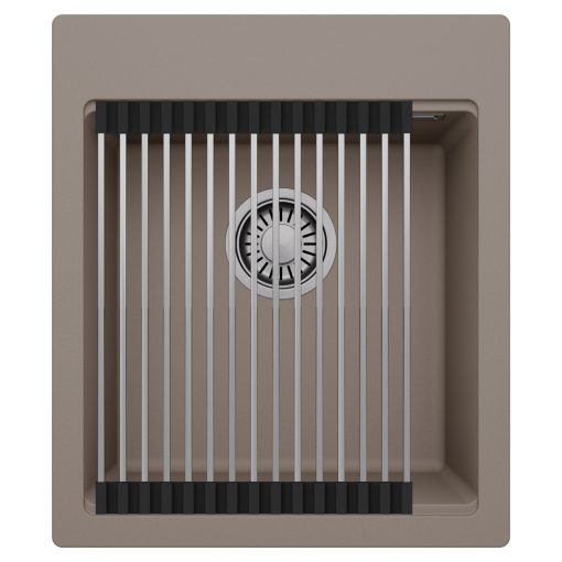 HD Infinity Tortora 43 egymedencés gránit mosogatótálca szett, acél csepegtetőráccsal, tortora színben, szálcsiszolt króm leeresztő szifonnal