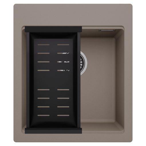 HD Infinity Tortora 43 egymedencés gránit mosogatótálca szett, matt fekete csepegtetőkosárral, tortora színben, szálcsiszolt króm leeresztő szifonnal