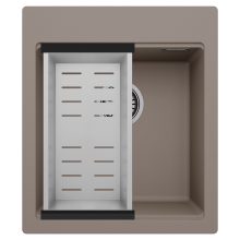 HD Infinity Tortora 43 egymedencés gránit mosogatótálca szett, acél csepegtetőkosárral, tortora színben, szálcsiszolt króm leeresztő szifonnal