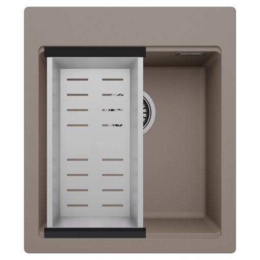 HD Infinity Tortora 43 egymedencés gránit mosogatótálca szett, acél csepegtetőkosárral, tortora színben, szálcsiszolt króm leeresztő szifonnal