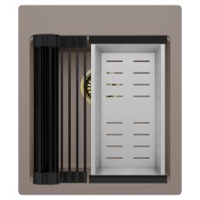 HD Infinity Tortora 43 egymedencés gránit mosogatótálca szett, matt fekete csepegtetőráccsal és krómozott kosárral, tortora színben, szálcsiszolt arany leeresztő szifonnal