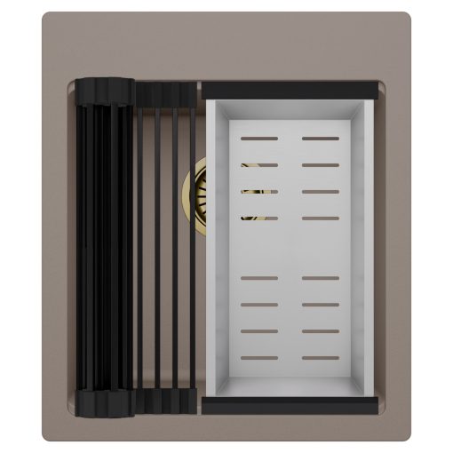 HD Infinity Tortora 43 egymedencés gránit mosogatótálca szett, matt fekete csepegtetőráccsal és krómozott kosárral, tortora színben, szálcsiszolt arany leeresztő szifonnal