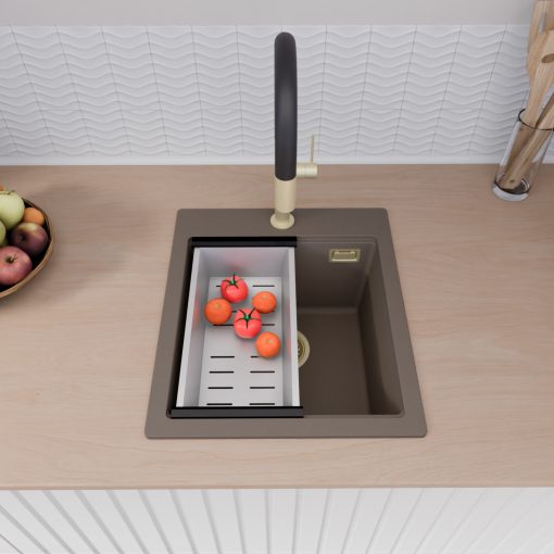 HD Infinity Tortora 43 egymedencés gránit mosogatótálca szett, matt fekete csepegtetőráccsal és krómozott kosárral, tortora színben, szálcsiszolt arany leeresztő szifonnal