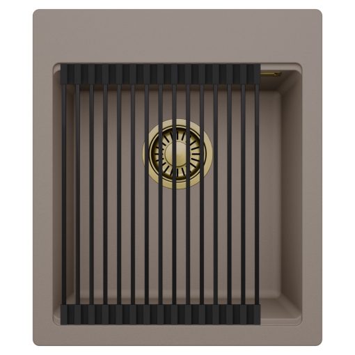 HD Infinity Tortora 43 egymedencés gránit mosogatótálca szett, matt fekete csepegtetőráccsal, tortora színben, szálcsiszolt arany leeresztő szifonnal