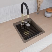 HD Infinity Tortora 43 egymedencés gránit mosogatótálca szett, matt fekete csepegtetőráccsal, tortora színben, szálcsiszolt arany leeresztő szifonnal