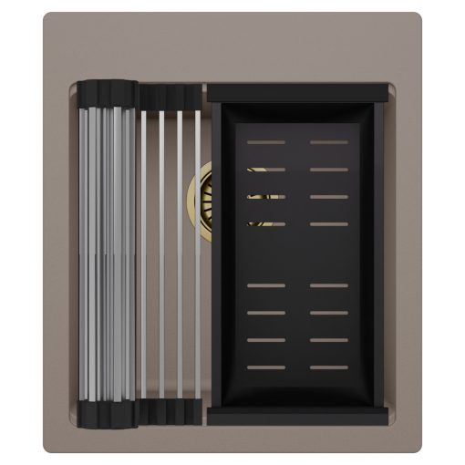 HD Infinity Tortora 43 egymedencés gránit mosogatótálca szett, acél csepegtetőráccsal és matt fekete kosárral, tortora színben, szálcsiszolt arany leeresztő szifonnal