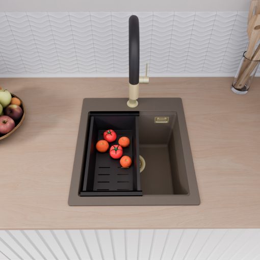 HD Infinity Tortora 43 egymedencés gránit mosogatótálca szett, acél csepegtetőráccsal és matt fekete kosárral, tortora színben, szálcsiszolt arany leeresztő szifonnal