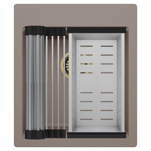 HD Infinity Tortora 43 egymedencés gránit mosogatótálca szett, acél csepegtetőráccsal és kosárral, tortora színben, szálcsiszolt arany leeresztő szifonnal