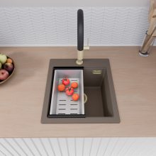 HD Infinity Tortora 43 egymedencés gránit mosogatótálca szett, vágódeszkával, matt fekete csepegtetőráccsal és krómozott kosárral, tortora színben, szálcsiszolt arany leeresztő szifonnal